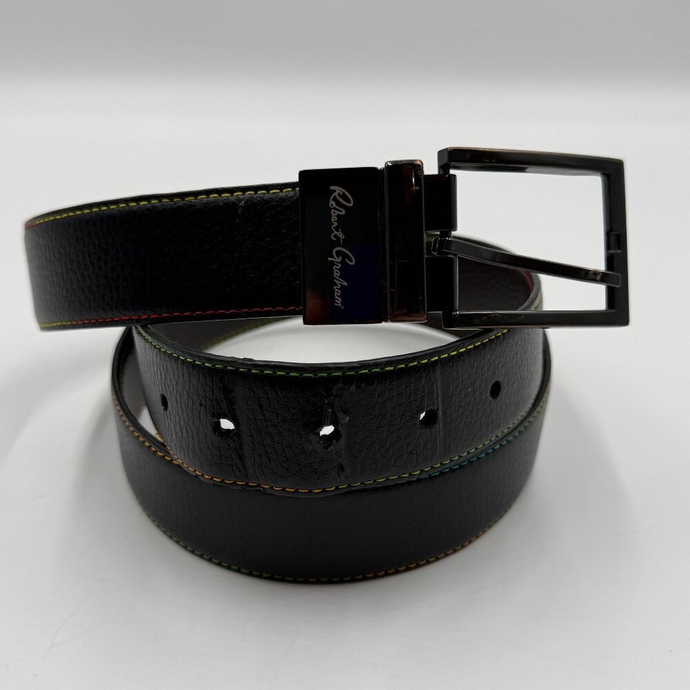 ROBERT GRAHAM Black Pebbled Simulated Leather Belt Size 40 Rainbow Stitching